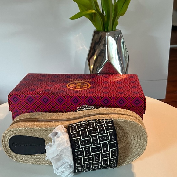 Tory Burch Ribbon Espadrille Slide Herringbone Size 10.5 Color Navy & Ivory - Picture 4 of 6